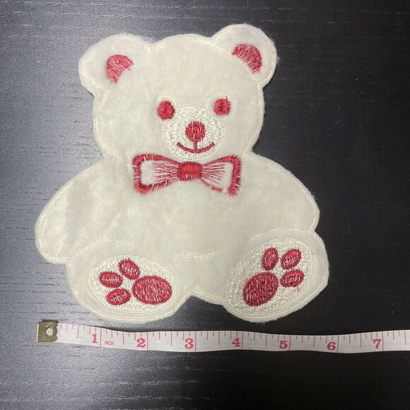 Lot of 4 Large White Red Fuzzy Teddy Bear Plush Sew On Appliques Patches 6” - Picture 4 of 6